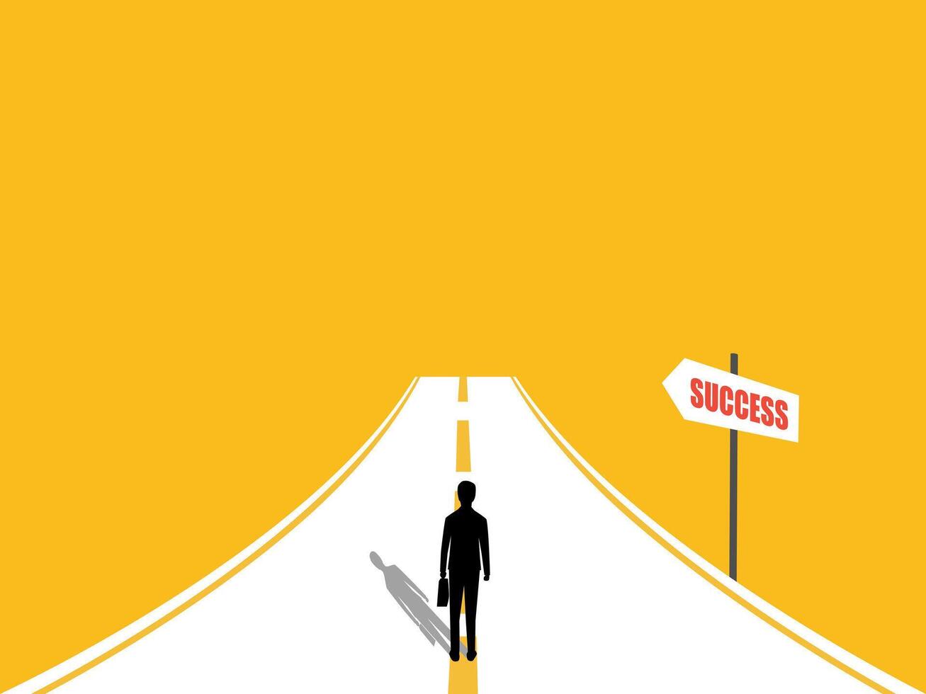 Businessman standing on the main path with signpost to success vector