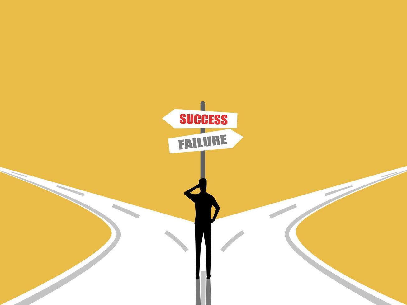 Businessman at crossroads with signs indicating success and failure vector