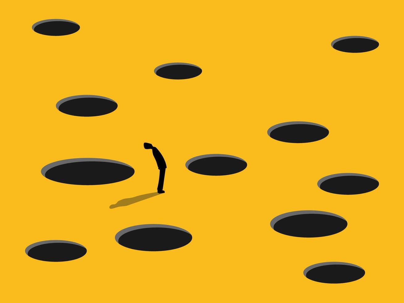 Assess or Avoid Risk, Businessman Stands Amidst Pitfalls Surrounded vector