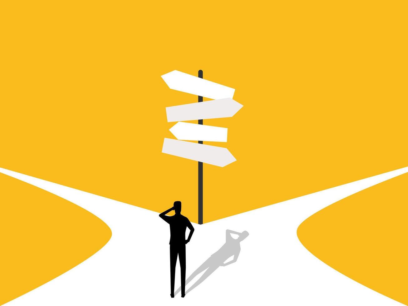 Confusion of Paths, Businessman Looking at Several Street Signs vector