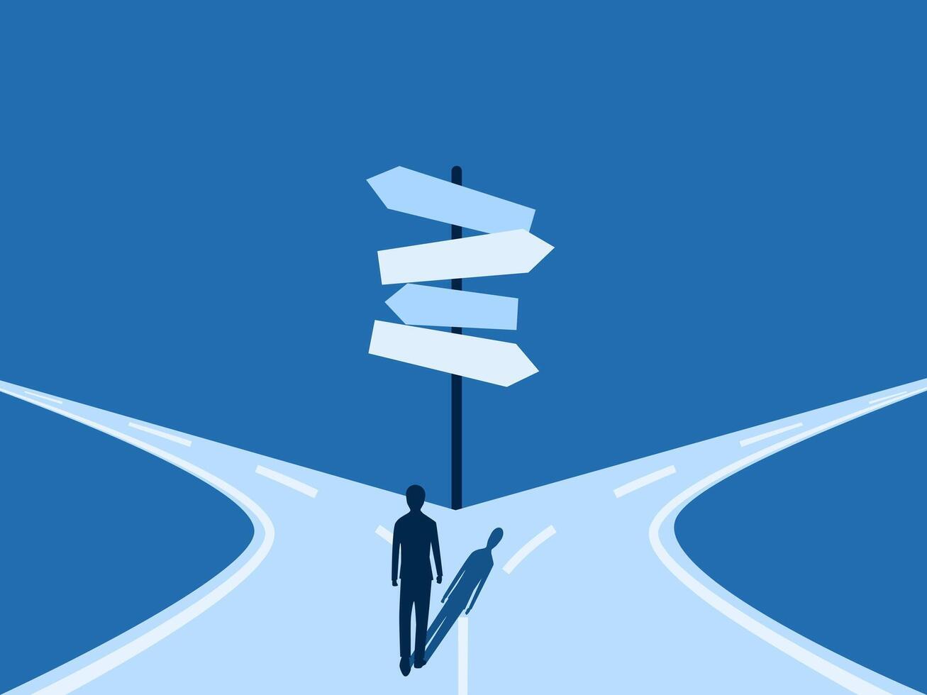 Choosing the Right Path, Businessman Standing at Several Street Signs at a Crossroads vector
