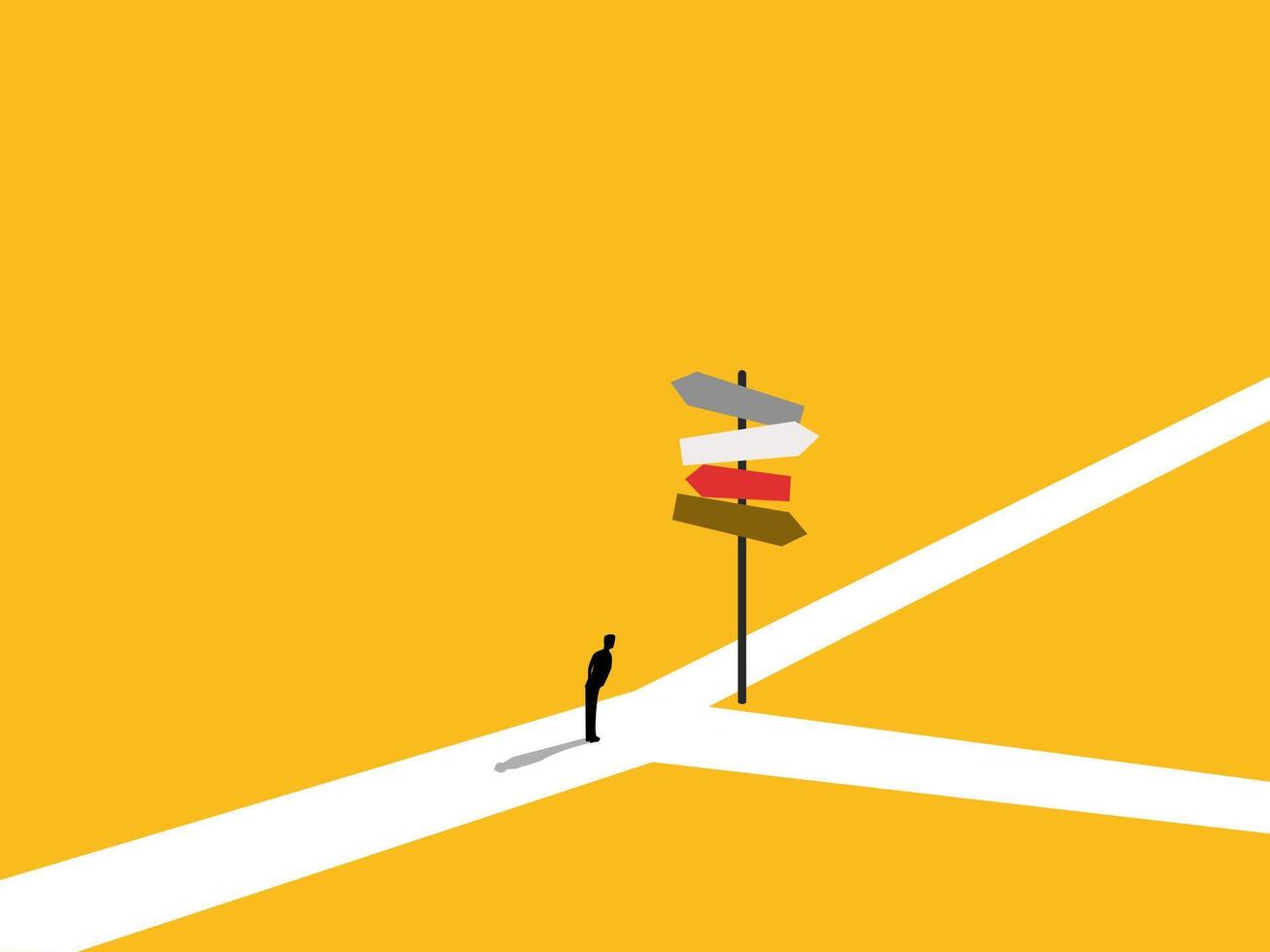 Choosing a Career Path, Businessman Standing Thinking at Several Street Signs vector