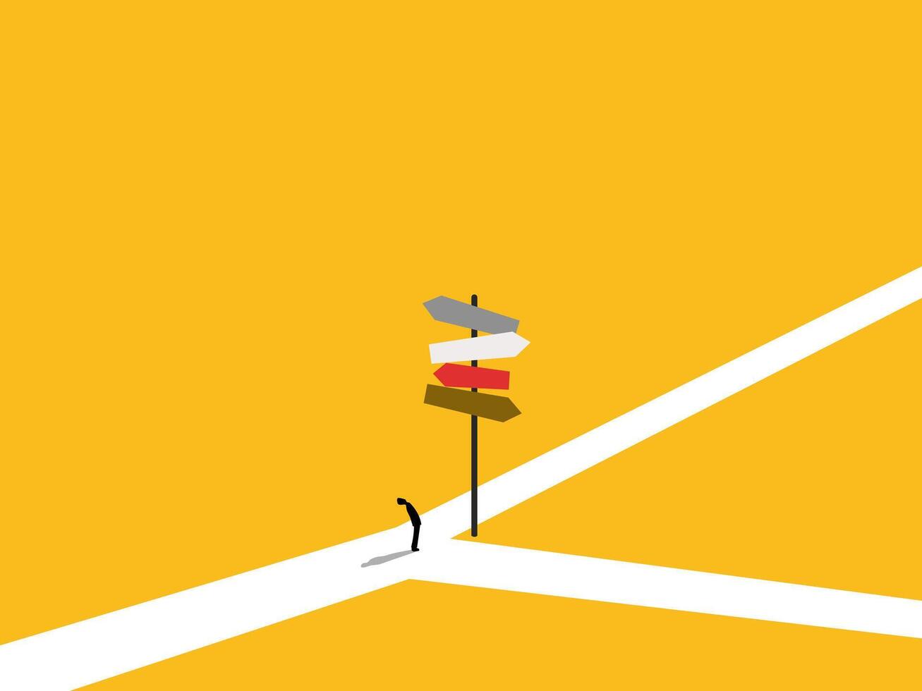 Businessman standing making decision at multiple street signs vector
