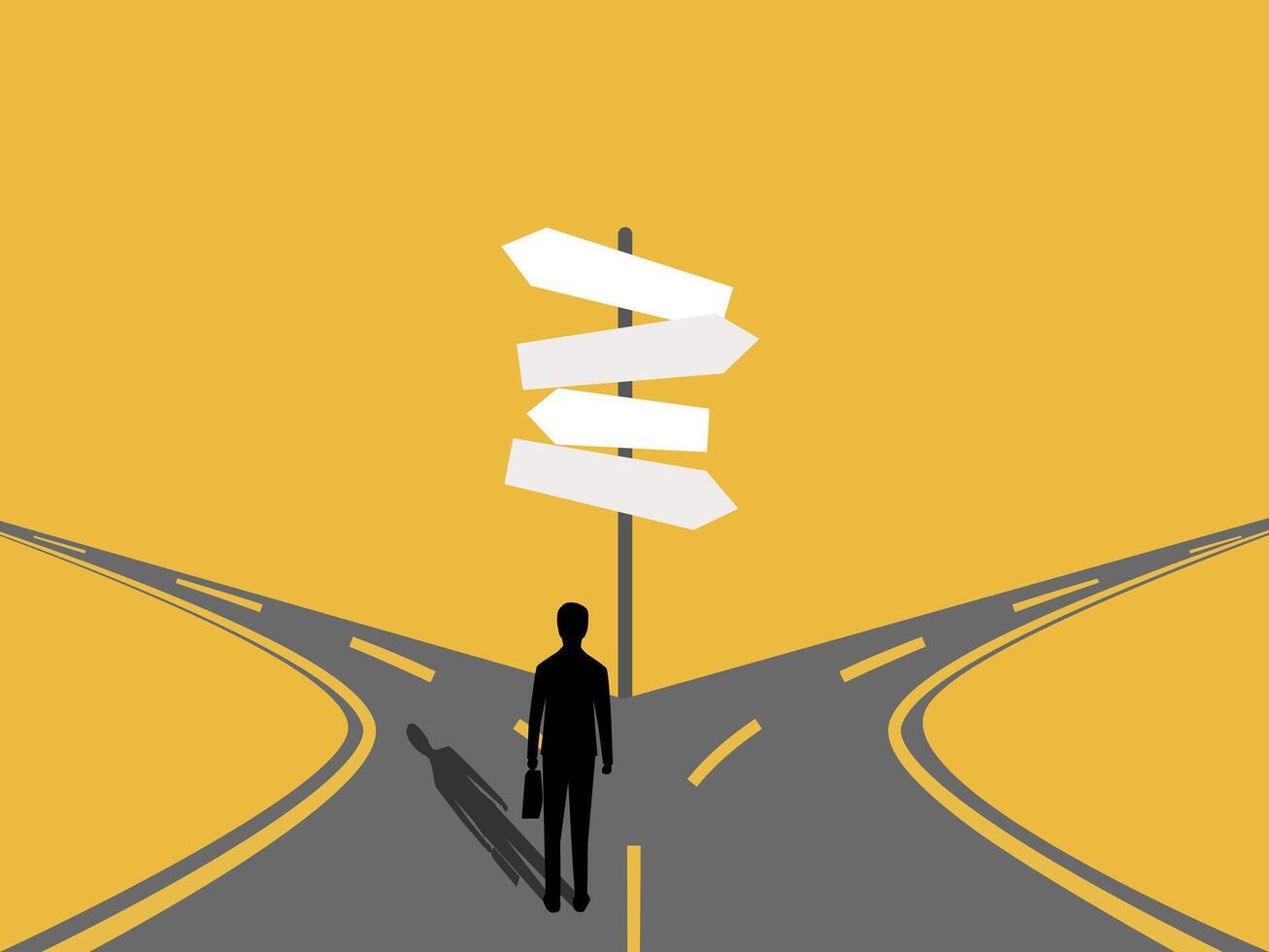 Work Direction, Businessman Looking at Several Street Signs vector