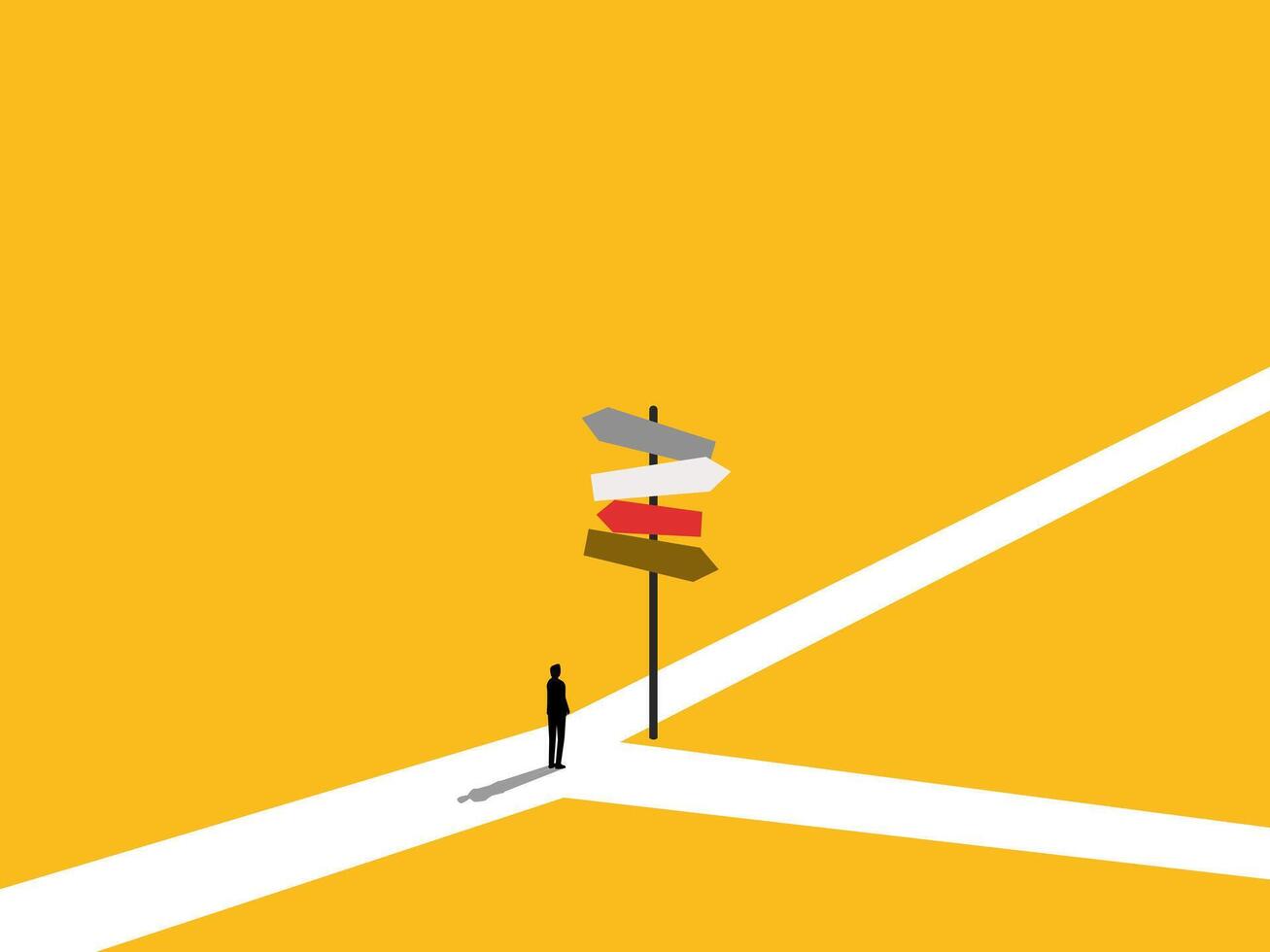Business Decisions, Businessman Standing Looking at Several Street Signs vector