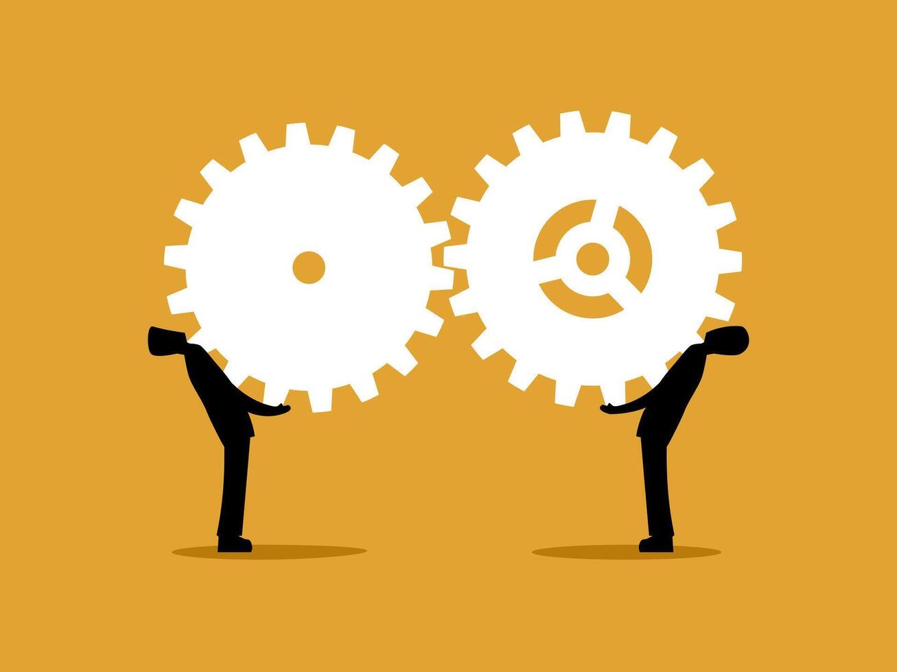 Working together, working in harmony, two businessmen connecting the cogs together vector
