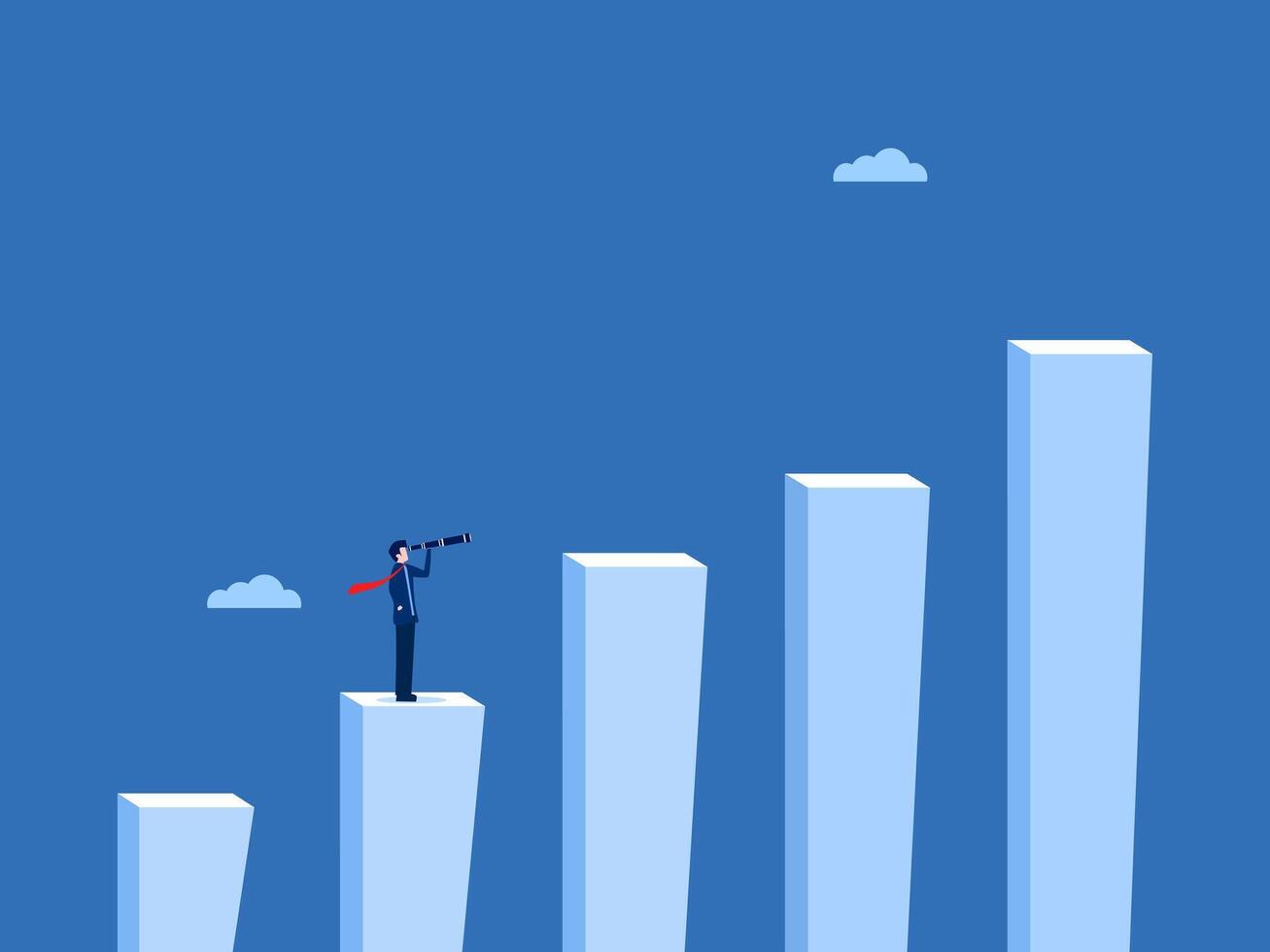 Businessman holding binoculars on a bar chart looking for growth vector