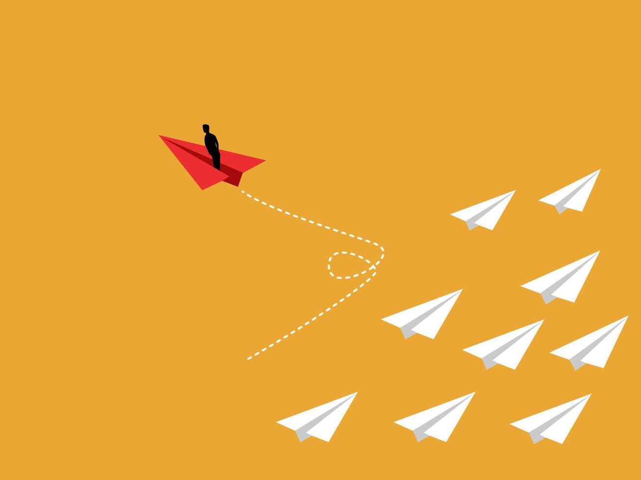 Different, businessman flies paper plane away from the crowd vector