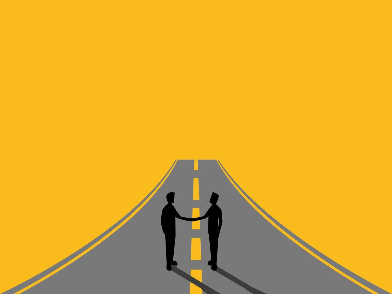Merge, two businessmen shaking hands on the main road vector