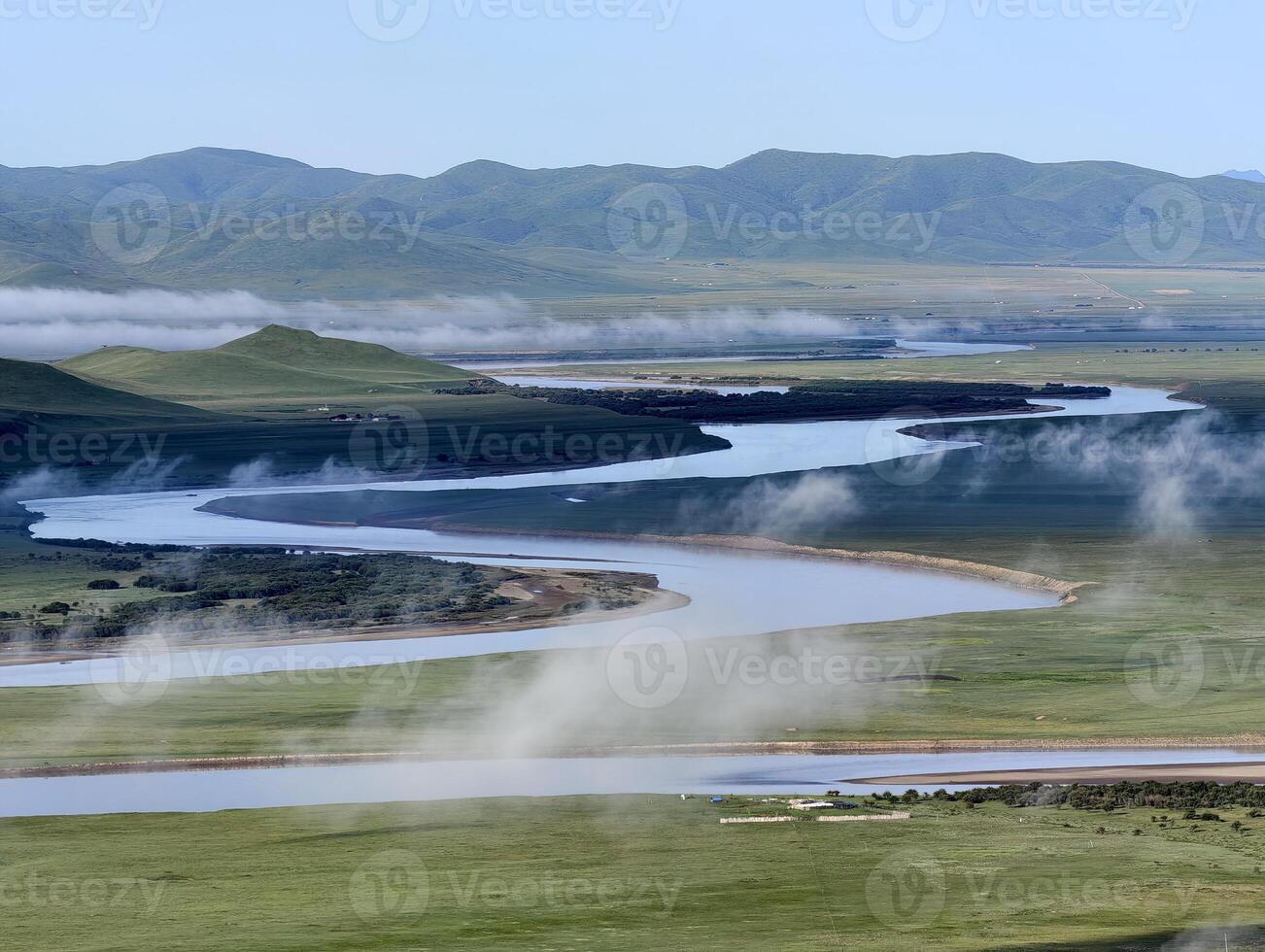 First Bend of Yellow River in Morning Mist - Grasslands and Mountain Curves, Qinghai-Tibet Plateau photo
