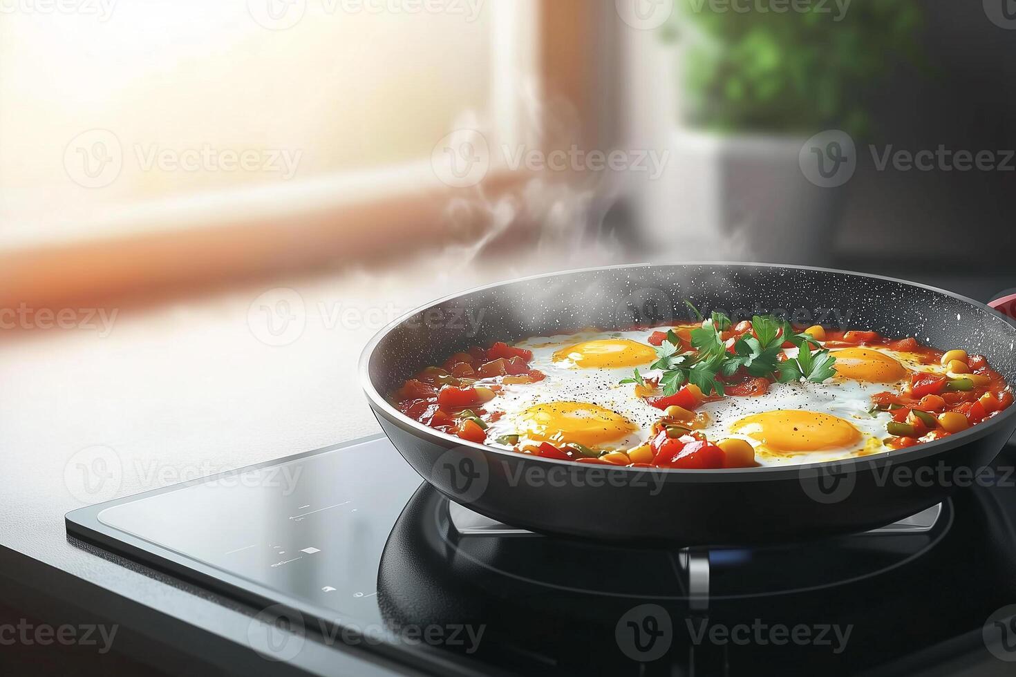 hot shakshuka with tomatoes in a frying pan on the stove against a window background photo