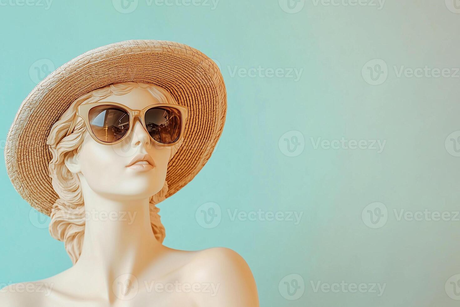 statue of a Greek goddess in a straw hat and sun glasses on a soft blue background, vacation concept photo
