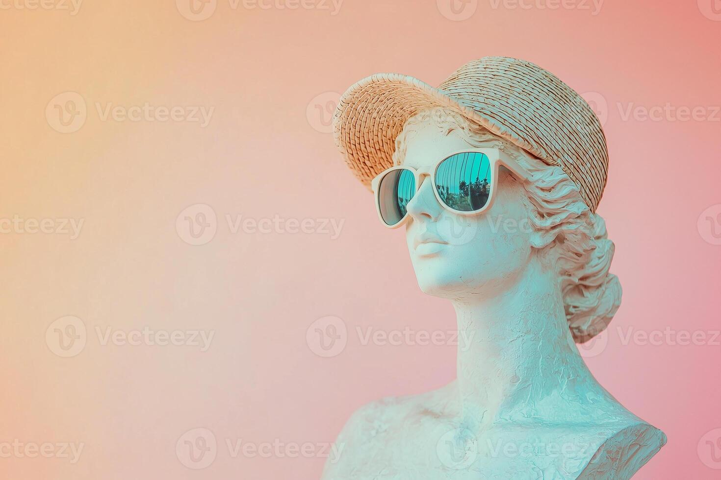 statue of a Greek goddess in a straw hat and dark glasses, vacation concept photo