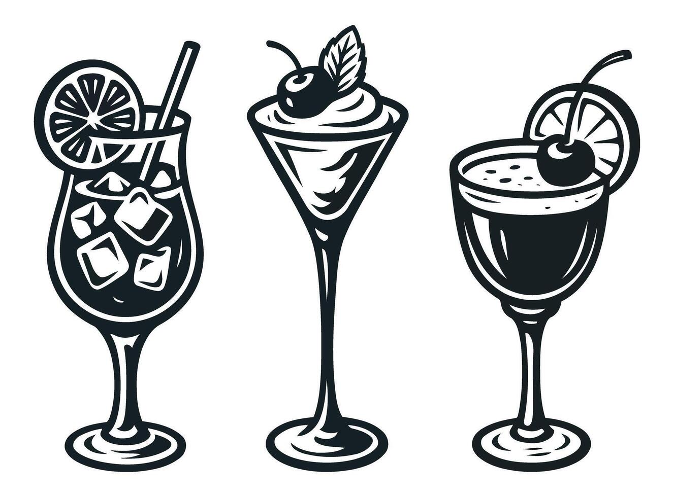 Black and White Illustration of Three Elegant Cocktail Glasses with Garnishes vector