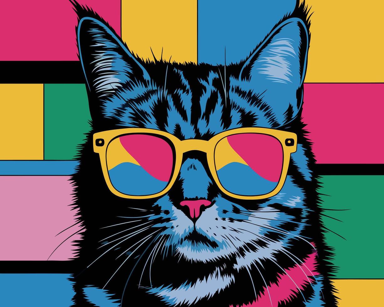 Stylish Cat Design with Bright Sunglasses and Playful Pop Art Colors for Modern Decor vector