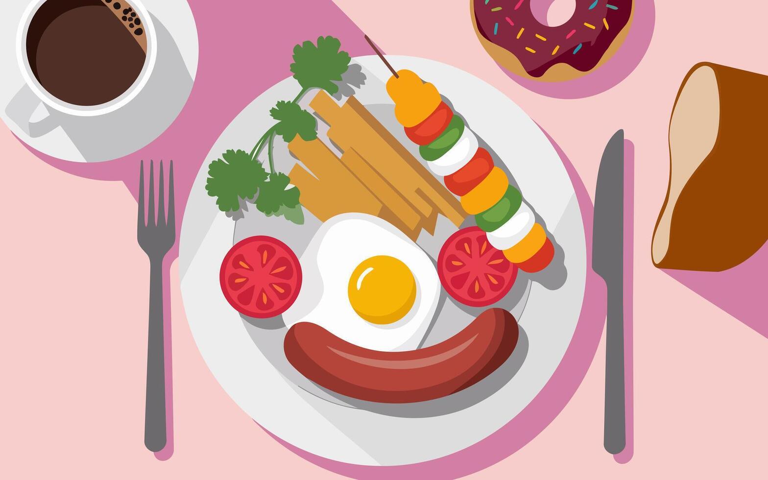 Delicious Breakfast Spread Featuring Sausage, Eggs, Grilled Vegetables, and a Sweet Donut vector