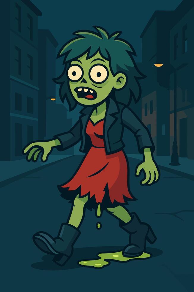 Zombie Girl Walking Through Abandoned City Street with Green Slime Footprints and Tattered Clothes vector