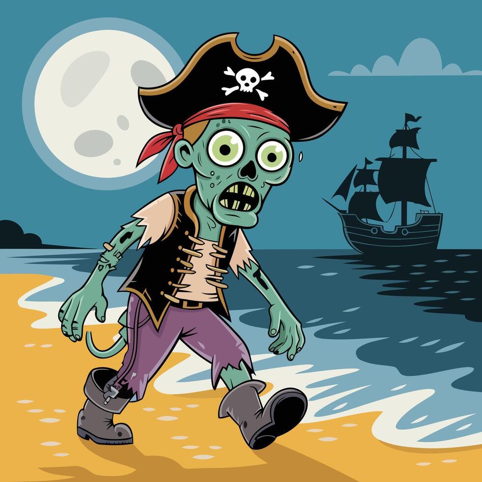 Zombie Pirate Walking on Beach Under Full Moon with Pirate Ship in the Background vector