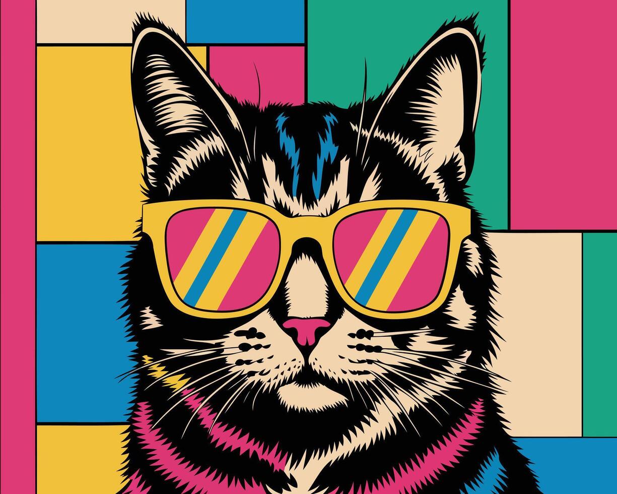 Retro Pop Art Cat with Vibrant Sunglasses and Bold Geometric Color Blocks in Background vector