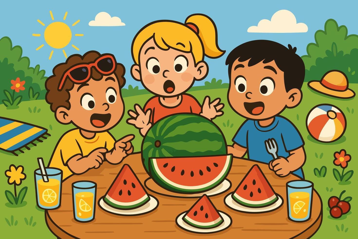 Kids Enjoying Watermelon and Lemonade in a Fun Summer Picnic Under the Sun vector