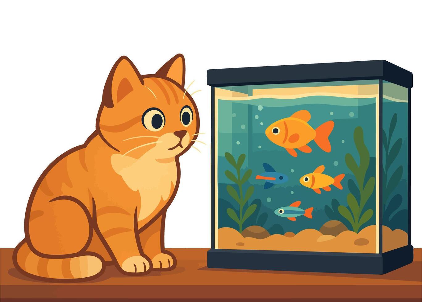 Charming Cartoon Cat Staring at an Aquarium with Vibrant Fish and Greenery vector
