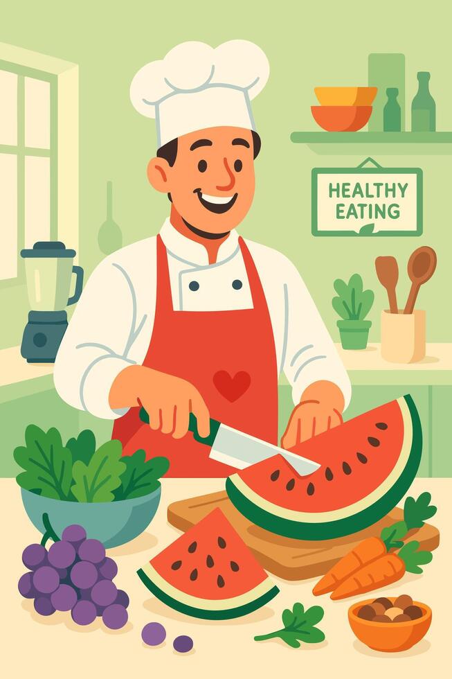 Smiling Chef Slicing Watermelon in a Colorful Kitchen Promoting Healthy Eating and Fresh Ingredients vector