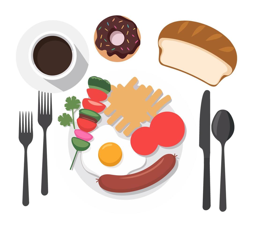 Nutritious Breakfast Spread with Eggs, Sausage, Coffee, Vegetables, and Donut on a White Plate vector