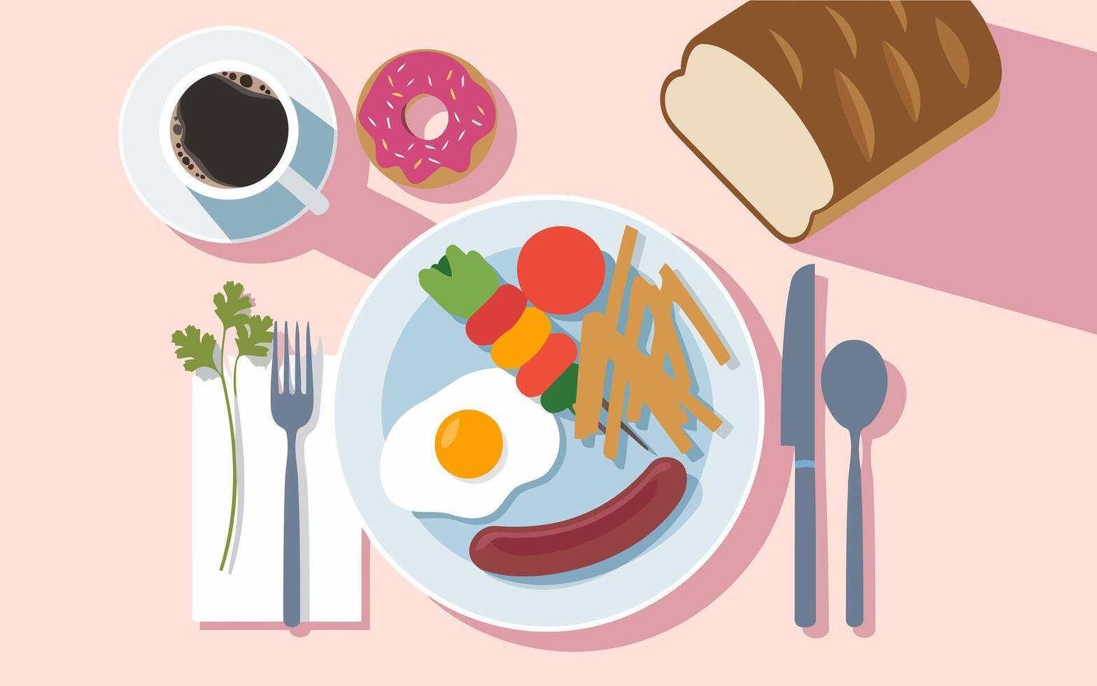 Delicious Breakfast Plate with Eggs, Sausage, Vegetables, Coffee, and Donut for a Perfect Morning vector