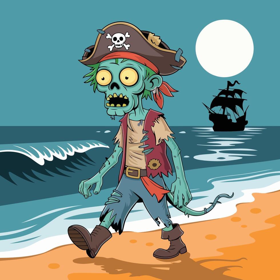 Zombie Pirate with Skull Hat and Pirate Ship Sailing Behind Him Under a Full Moon vector