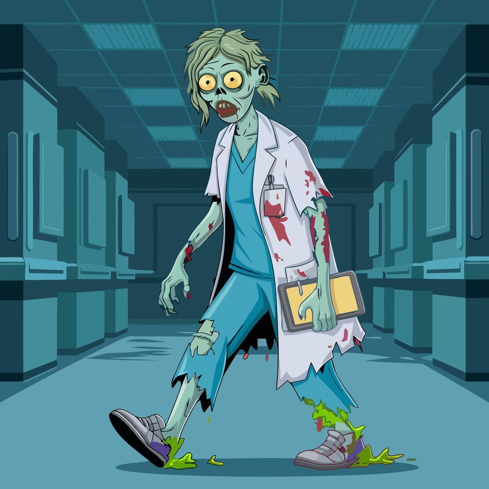 Undead Doctor in Tattered Lab Coat with Medical Folder Walking in Empty Hospital Hallway with Slime Trail vector