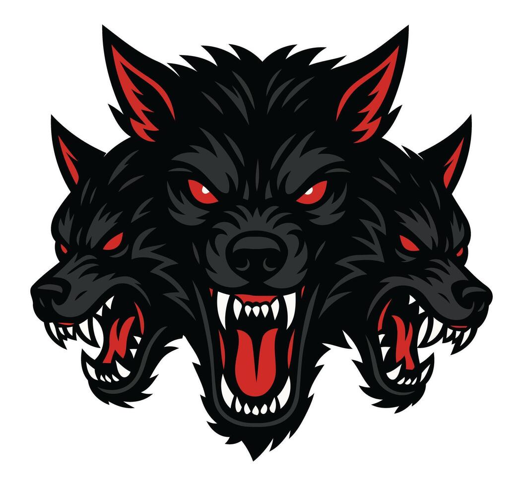 Aggressive Three-Headed Wolf Design with Red Eyes and Sharp Teeth vector