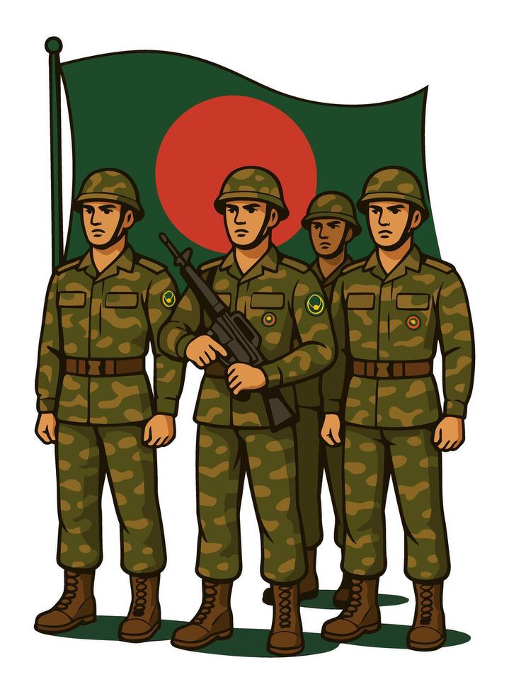 Bangladesh Army Soldiers in Camouflage Uniform Standing Proudly with National Flag vector