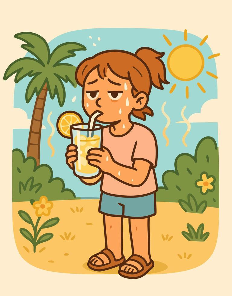 Hot Summer Day with Sweaty Girl Drinking Lemonade to Stay Cool on the Beach vector
