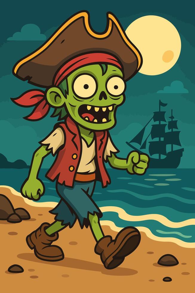 Animated Zombie Pirate with Pirate Hat and Hook Hand Walking Along the Shore with Full Moon vector