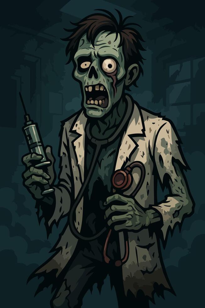 ombie Doctor Holding Syringe and Stethoscope in a Dark, Abandoned Hospital Setting vector