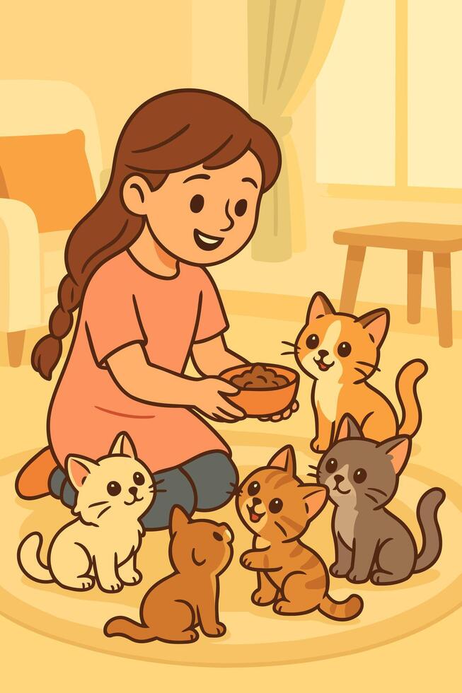 Sweet Girl Sitting with Her Five Cats, Offering Food in a Warm Living Room vector