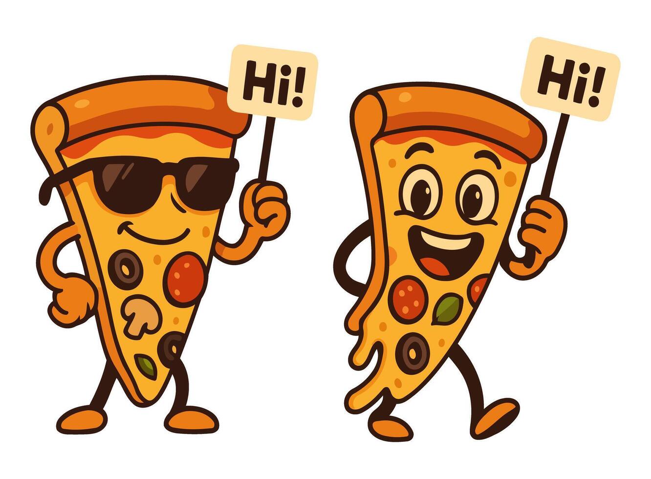 Cute Cartoon Pizza Characters Saying Hi with Bright Expressions and Accessories vector