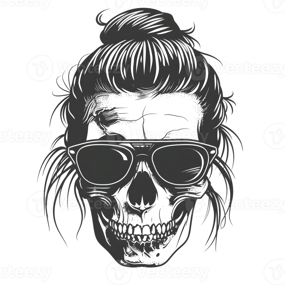 depiction of a skull with a unique twist - sporting a messy bun hairstyle and stylish sunglasses. The illustration has a grunge vibe. png