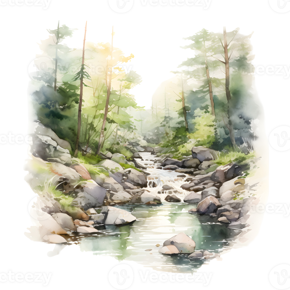 serene watercolor painting of a flowing river winding through a lush forest, with trees lining the banks and rocks scattered throughout. png