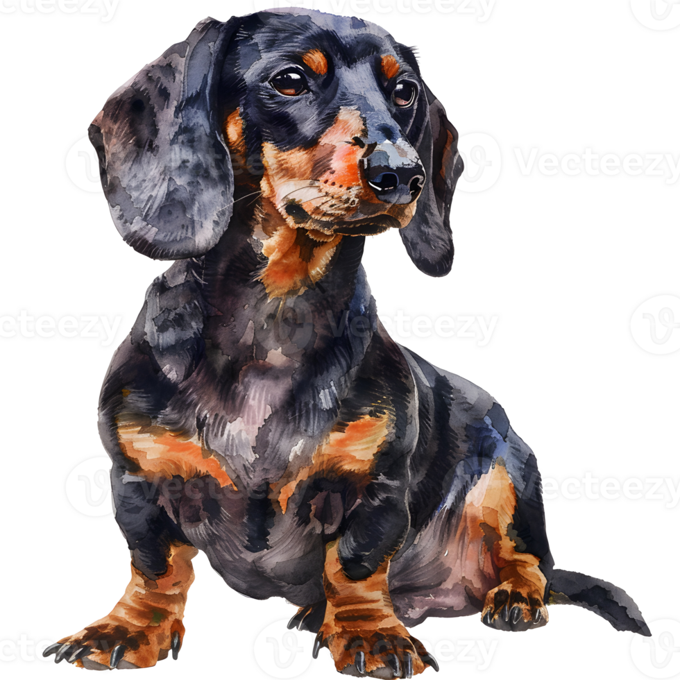 Dachshund Portrait beautifully rendered in watercolor, showcasing the dog's unique features and endearing personality. png