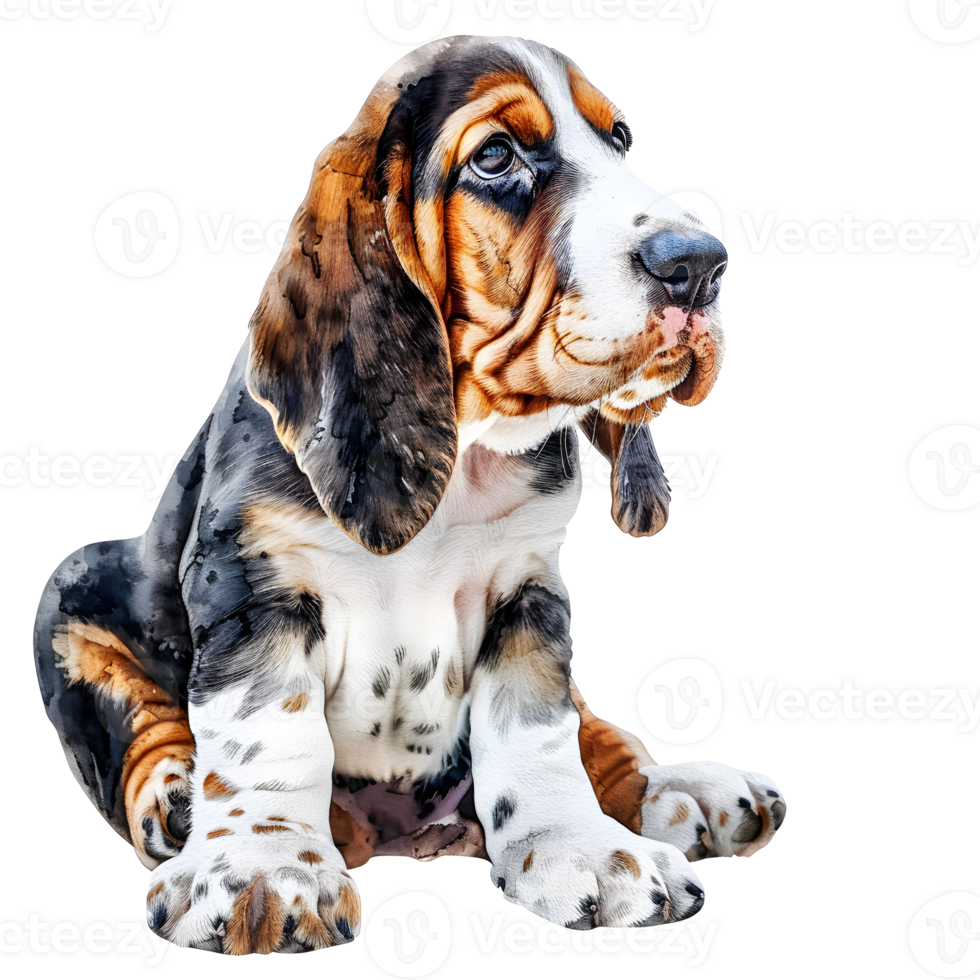 basset hound puppy with expressive eyes and distinctive droopy ears sits poised, exuding a playful and heartwarming presence. png