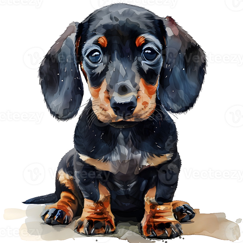 Dachshund puppy, with big, expressive eyes, embodying innocent and heartwarming qualities, beautifully captured in a watercolor illustration. png