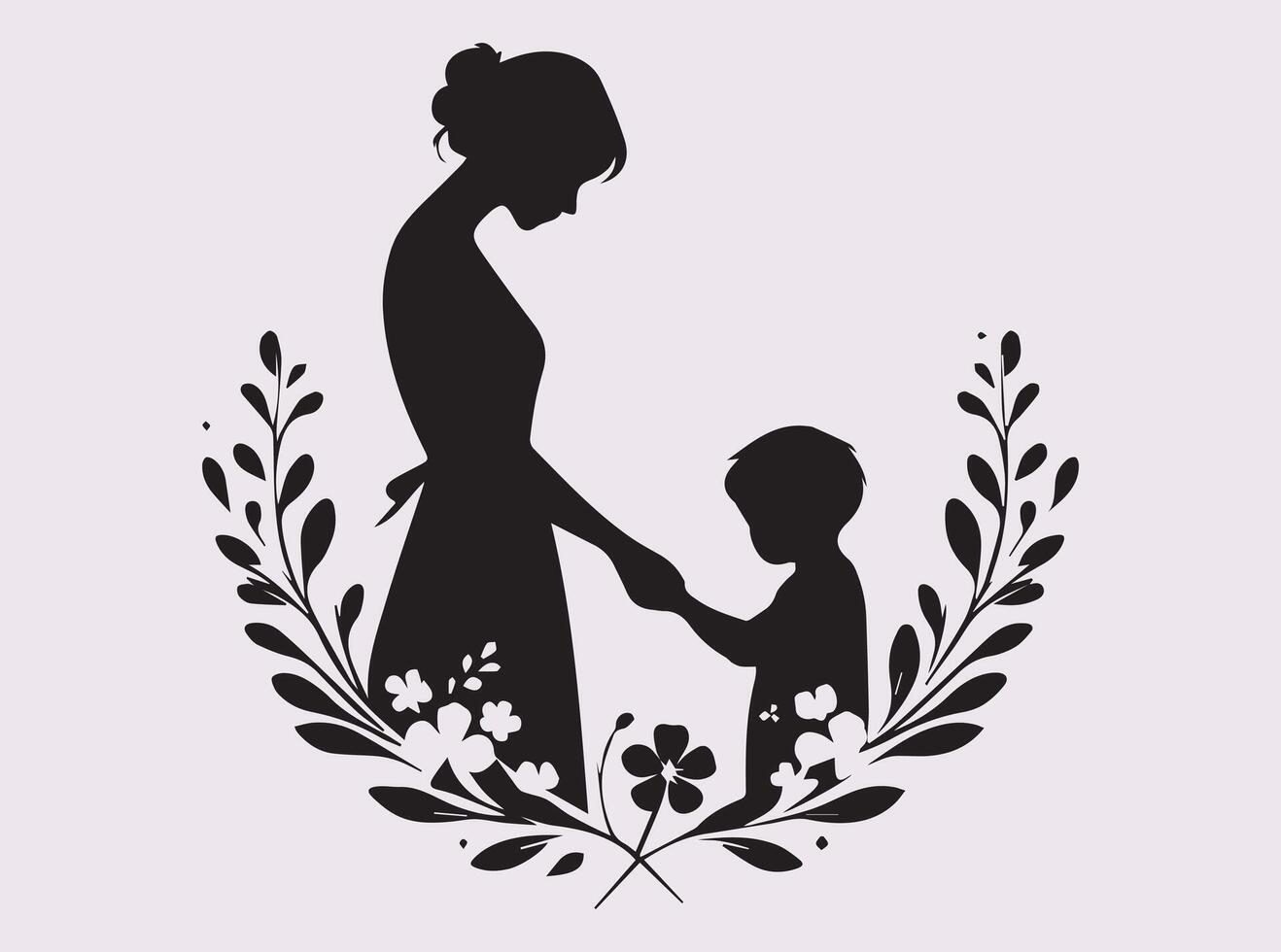 Mother's Day Black Silhouette of Mother and Child Holding Hands Art Design vector