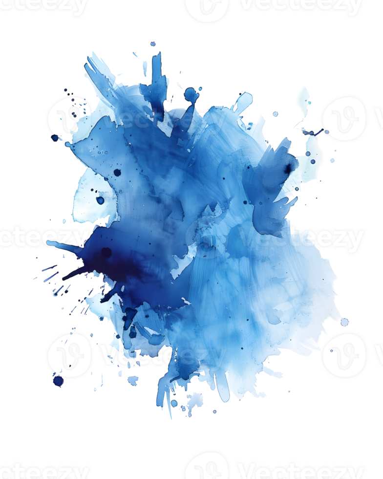 abstract, dynamic composition of blue watercolor splashes, blends, and splatters, evoking a sense of fluidity, creativity, and artistic expression. png
