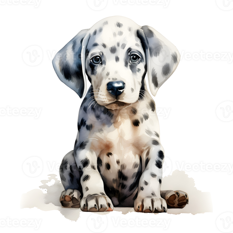 Playful Dalmatian Puppy A heartwarming watercolor illustration captures the endearing charm of a young Dalmatian puppy. Its distinctive spotted coat and innocent gaze radiate purity. png