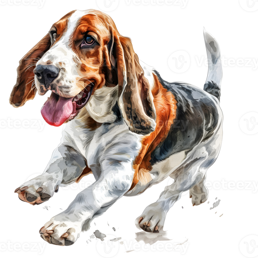 illustration captures the playful energy of a basset hound, mid-run, with its floppy ears and happy expression radiating pure joy. png