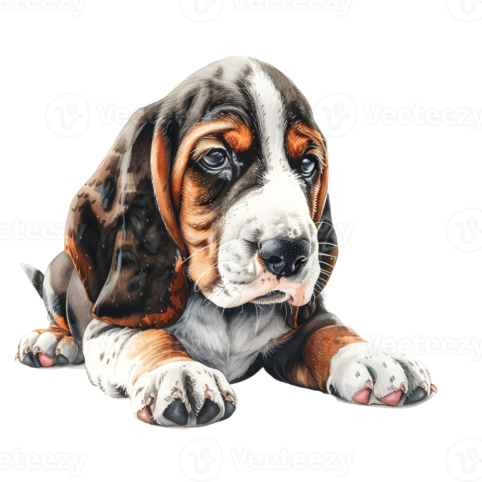 Basset Hound puppy's charming pose, captivating with soulful eyes and a gentle demeanor. A lovely portrait of a young dog, full of character. png