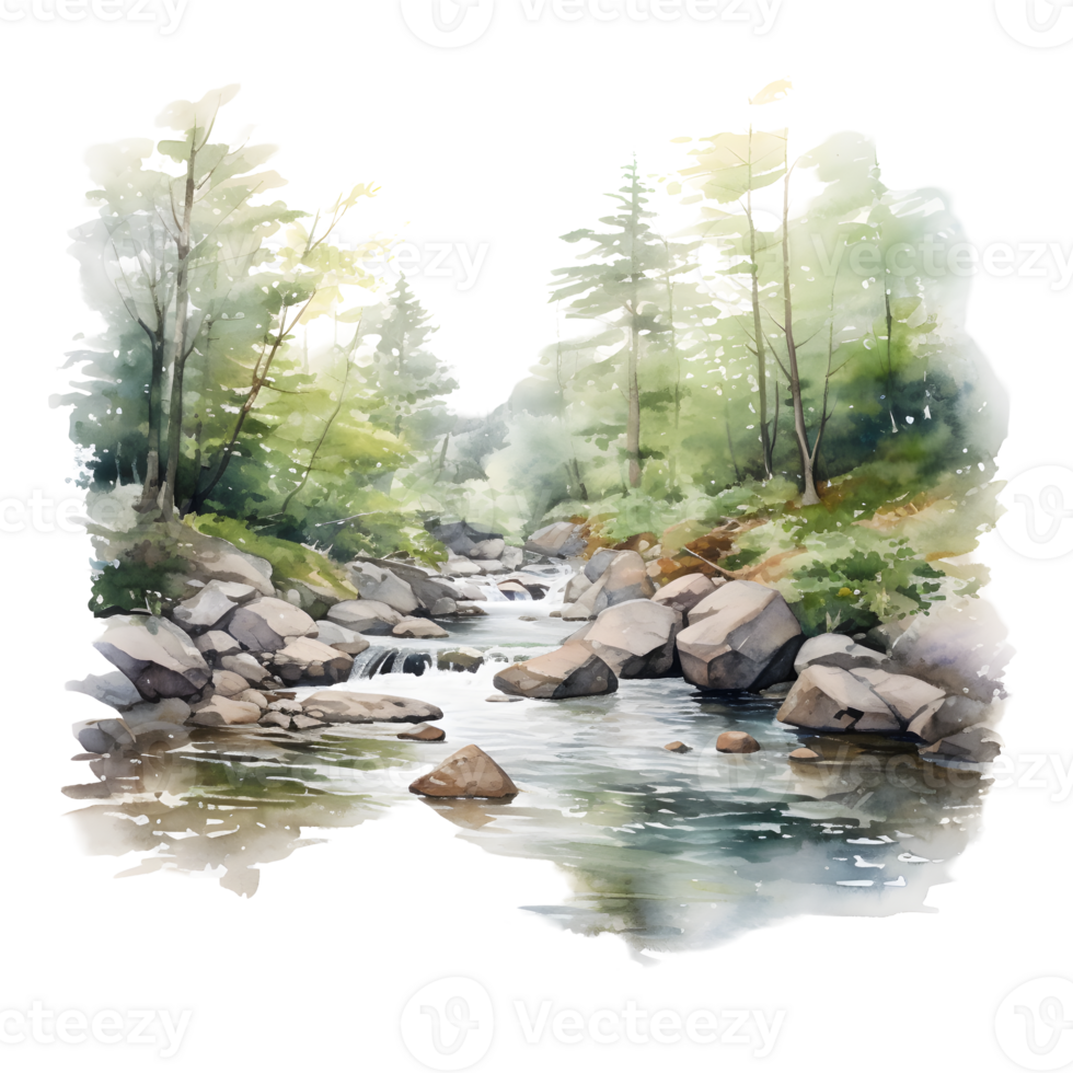 watercolor painting capturing a tranquil river flowing through a lush forest, surrounded by rocks and verdant foliage. png