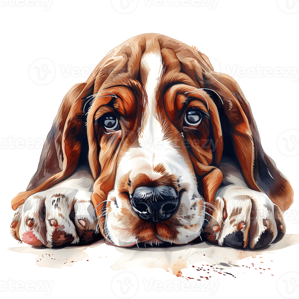 gentle and melancholic expression of a Basset Hound, this image showcases the breed's distinctive features, with its soulful eyes and droopy ears. png