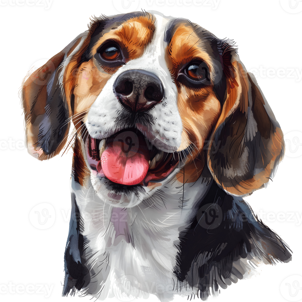 illustration of a happy beagle, with its expressive eyes and playful demeanor. The dog's fur is painted in a colorful, detailed style. png